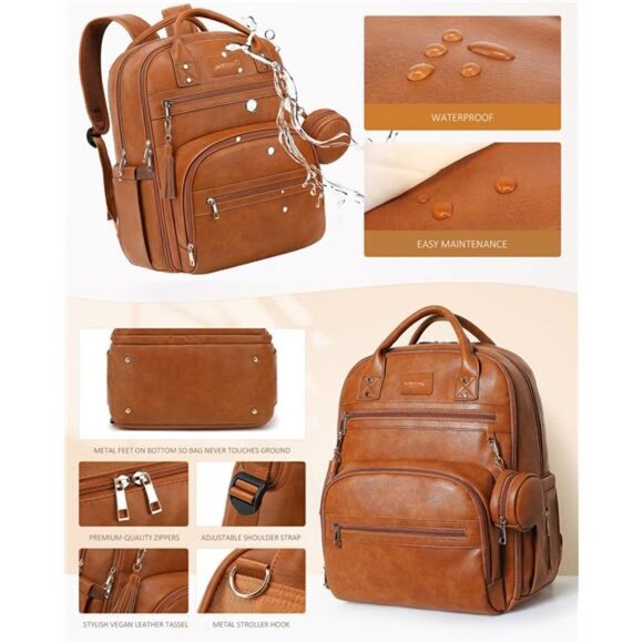 Leather Diaper Bag Backpack for Boy Girl with Changing Pad and Pacifier Case main image 5